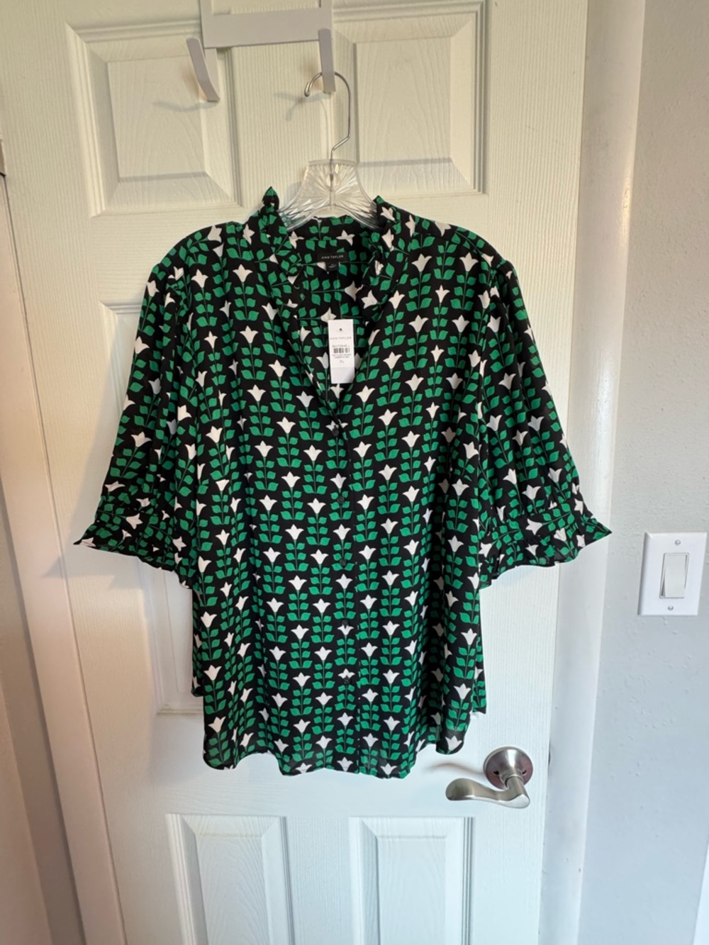 Ann Taylor Black Blouse with Green and White Floral Pattern